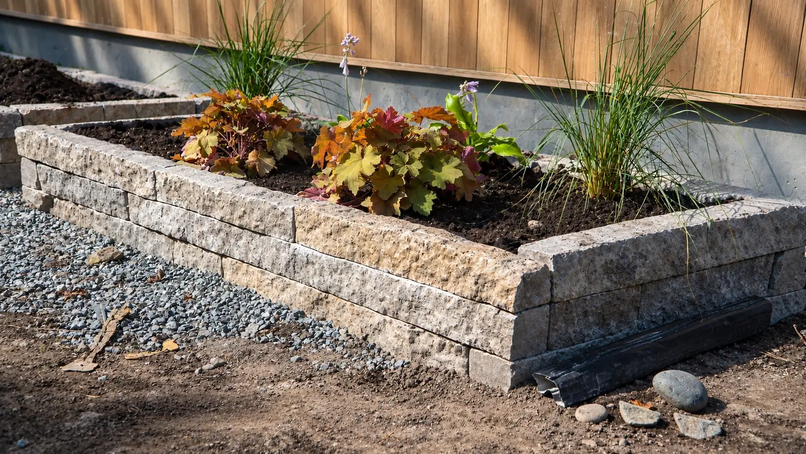 Natural stone edging bordering a mulched garden bed, built with Lime Kiln Quarry stone