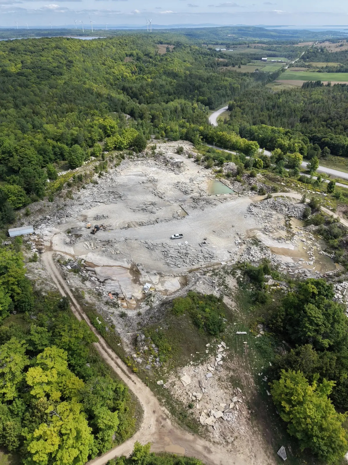 Aerial view of the Lime Kiln Quarry site on Manitoulin Island, Ontario